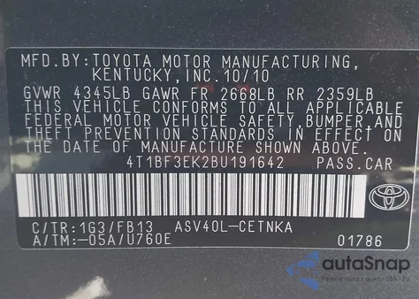 2011 Toyota Camry Le from USA, damaged, VIN 4T1BF3EK2BU191642